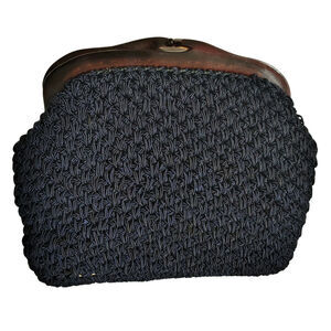 1960s Small Crocheted Navy Blue Handbag ADG Lucite Kiss Closure Top Frame Lined